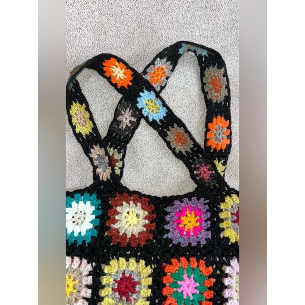 Handmade Crochet Granny Square Tote Bag Purse Bold Multicolor 70’s Hippie Boho